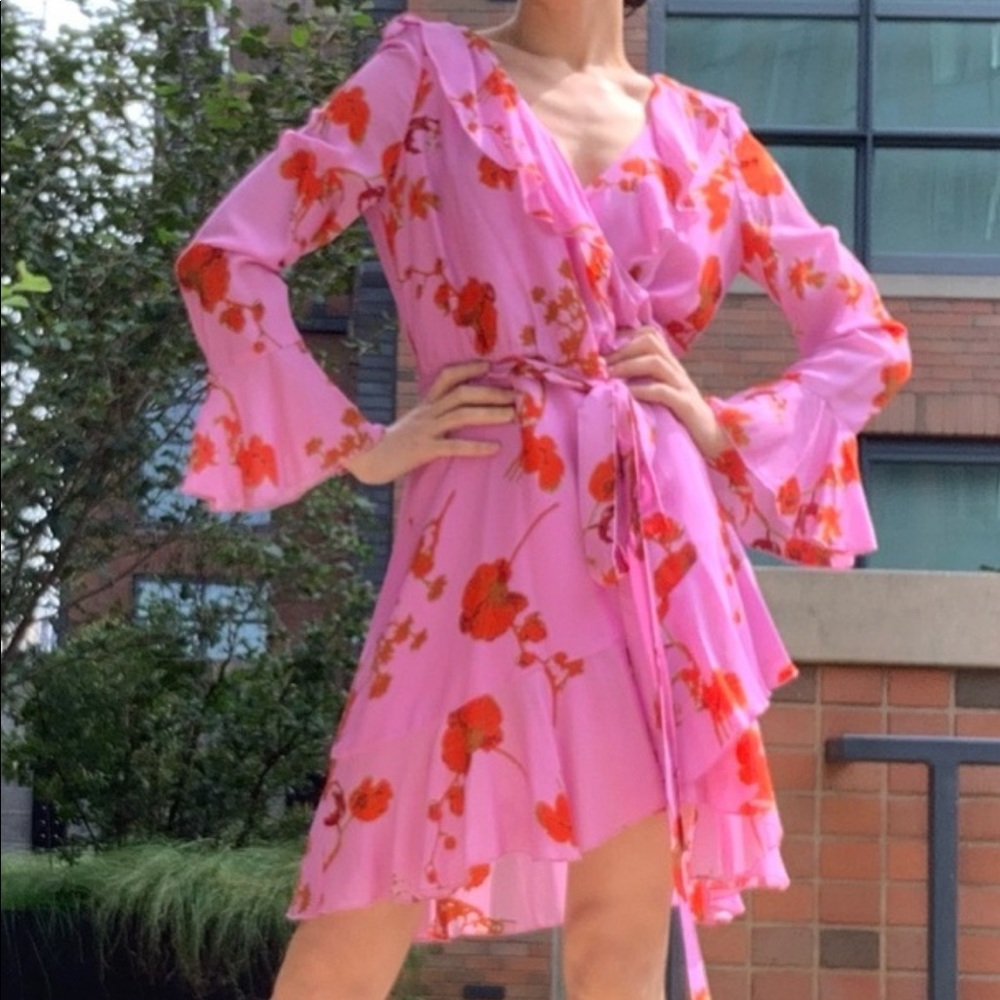 NWT ANTHROPOLOGIE CYNTHIA ROWLEY Malibu Ruffle Mini Dress, in Poppy Pink Size L